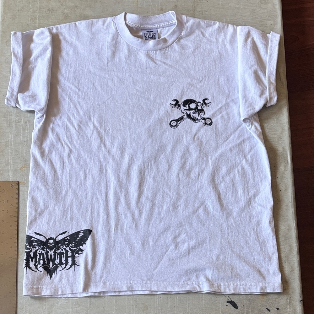 Mechanic Gear Grease Monkey graphic White Tee with Skull & Cross Wrench,  Mawth